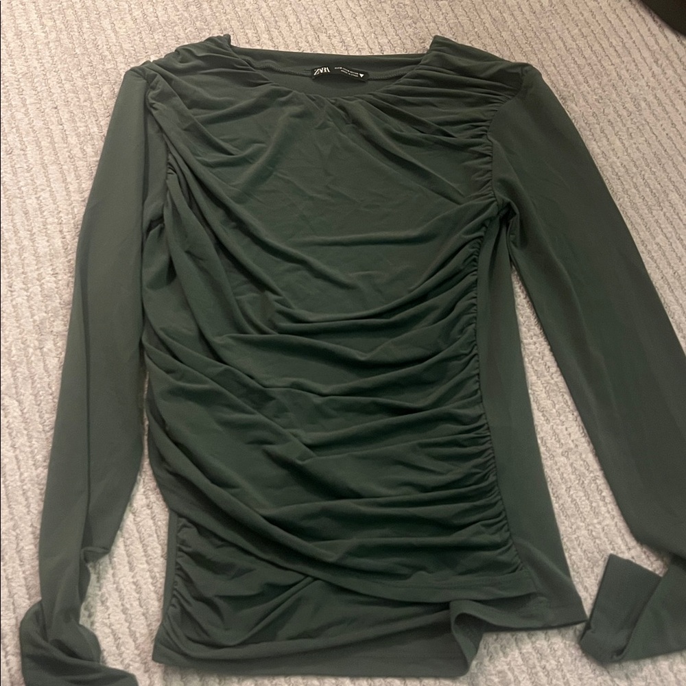 Zara Forest Green Gathered Sleeve Top